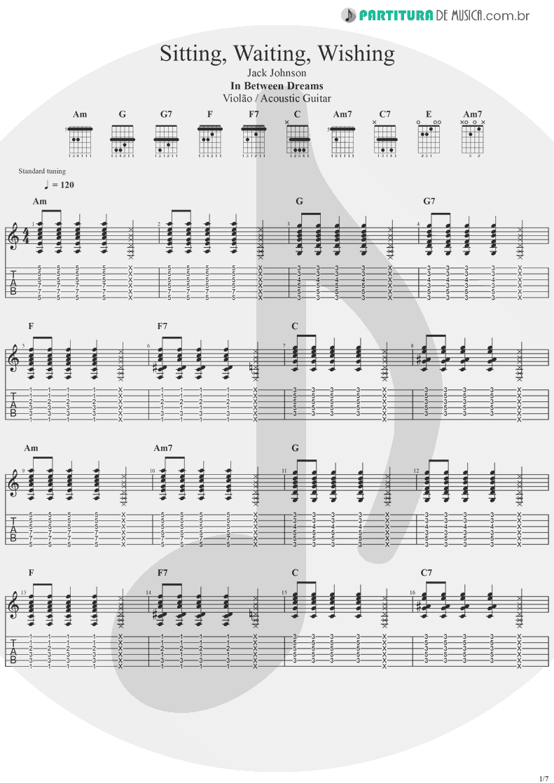 Tablatura + Partitura de musica de Violão - Sitting, Waiting, Wishing | Jack Johnson | In Between Dreams 2005 - pag 1