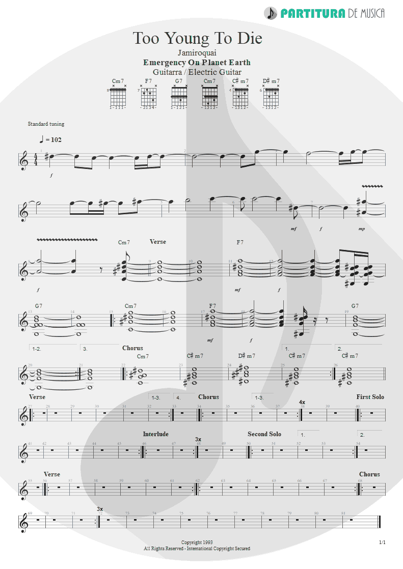 Partitura de musica de Guitarra Elétrica - Too Young To Die | Jamiroquai | Emergency on Planet Earth 1993 - pag 1