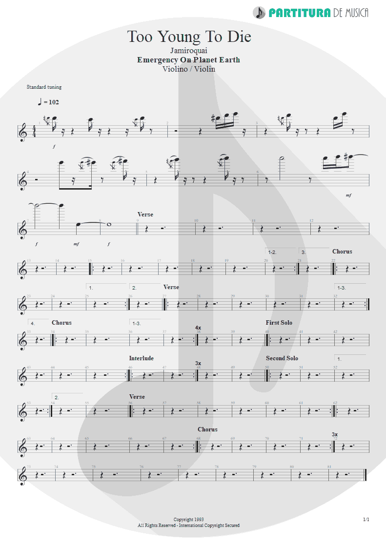 Partitura de musica de Violino - Too Young To Die | Jamiroquai | Emergency on Planet Earth 1993 - pag 1