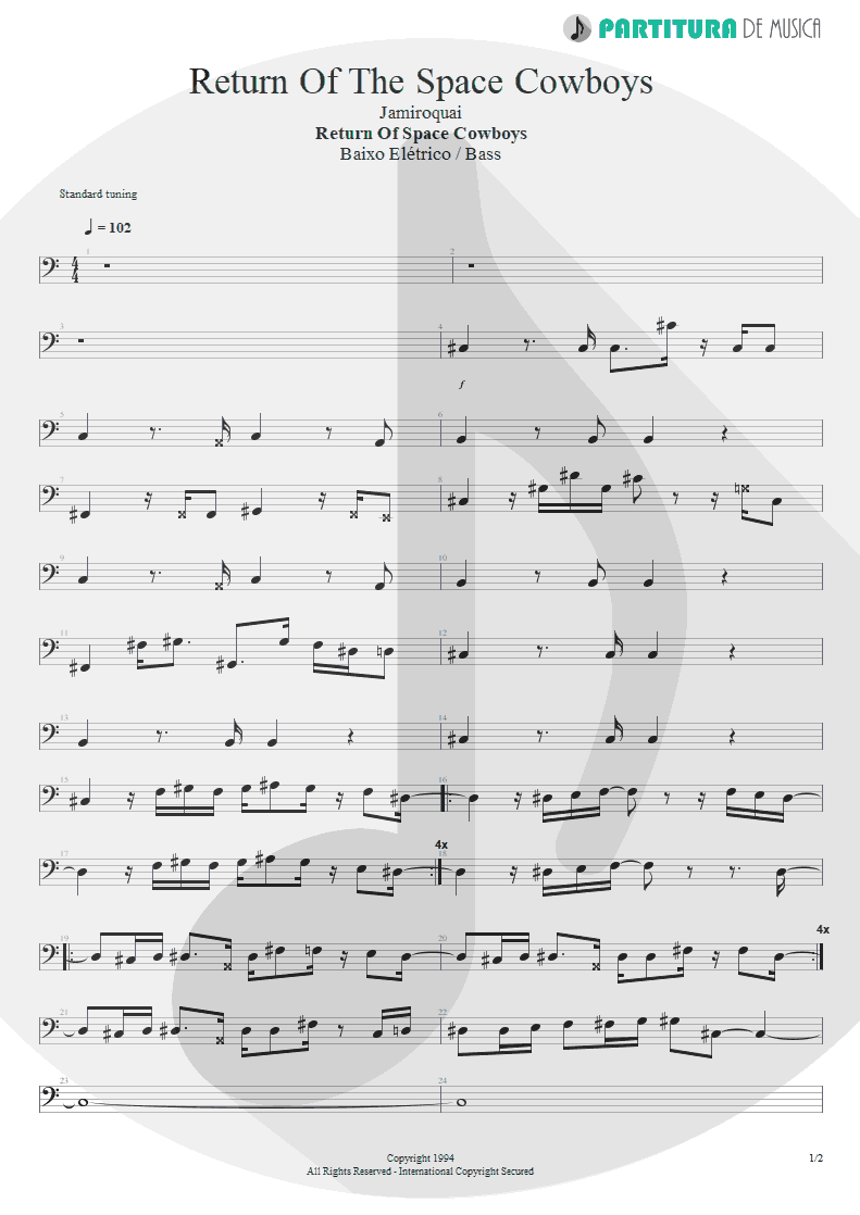 Partitura de musica de Baixo Elétrico - Space Cowboy | Jamiroquai | The Return of the Space Cowboy 1994 - pag 1