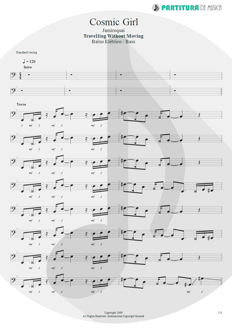 Partitura de musica de Baixo Elétrico - Cosmic Girl | Jamiroquai | Travelling Without Moving 1996 - pag 1