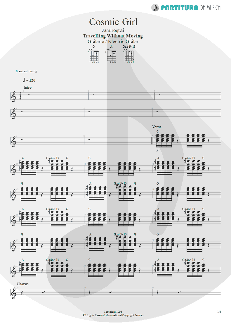 Partitura de musica de Guitarra Elétrica - Cosmic Girl | Jamiroquai | Travelling Without Moving 1996 - pag 1