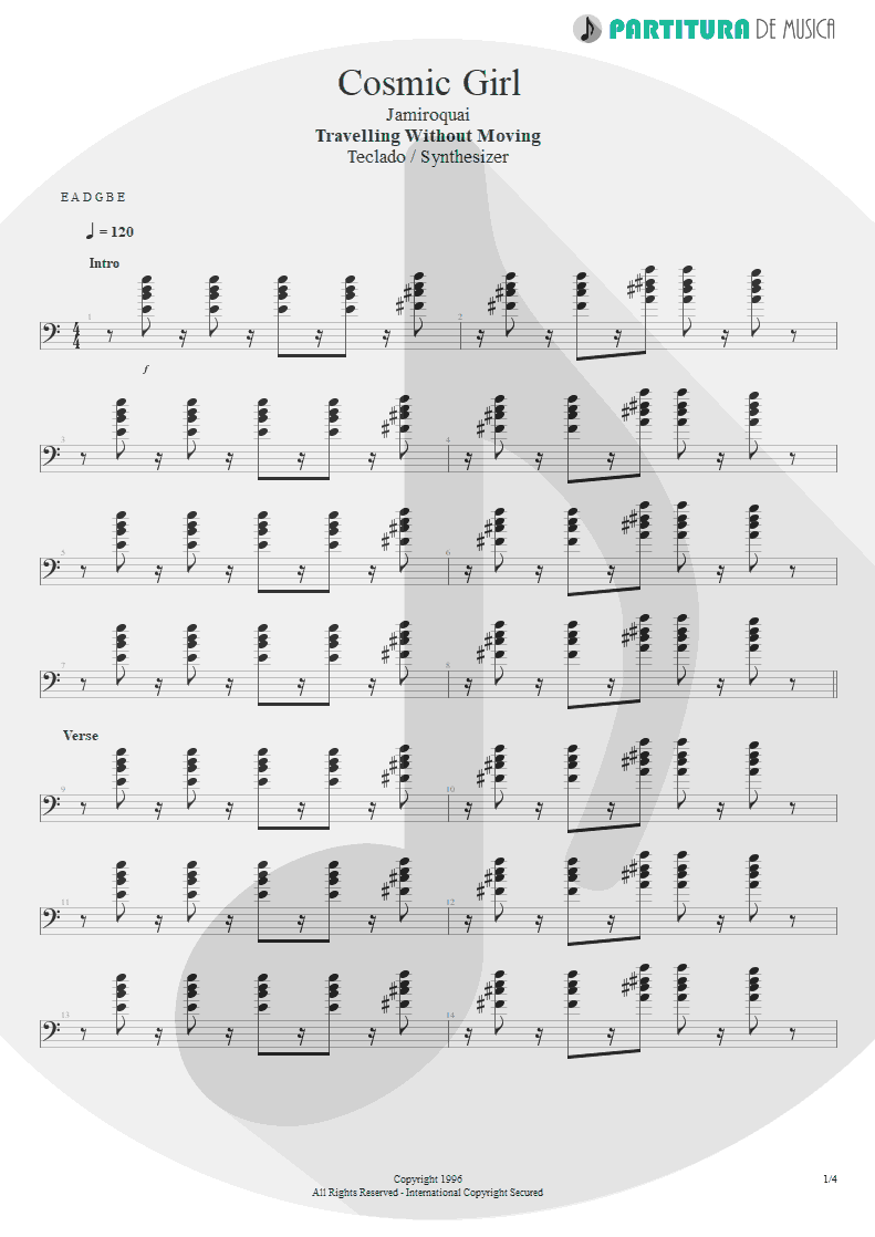 Partitura de musica de Teclado - Cosmic Girl | Jamiroquai | Travelling Without Moving 1996 - pag 1