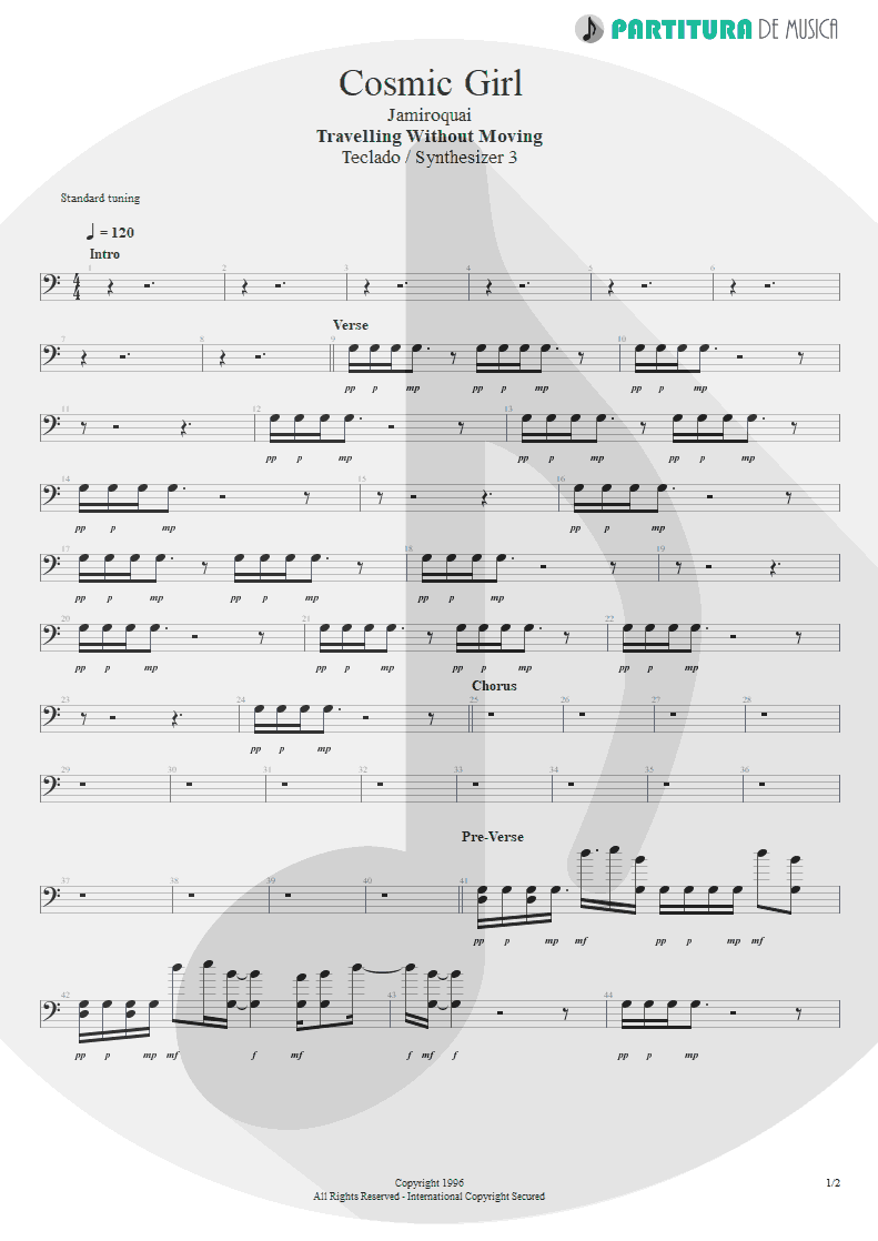 Partitura de musica de Teclado - Cosmic Girl | Jamiroquai | Travelling Without Moving 1996 - pag 1