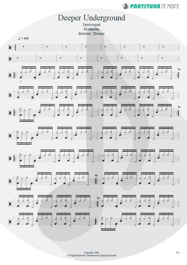 Partitura de musica de Bateria - Deeper Underground | Jamiroquai | Godzilla: The Album 1998 - pag 1