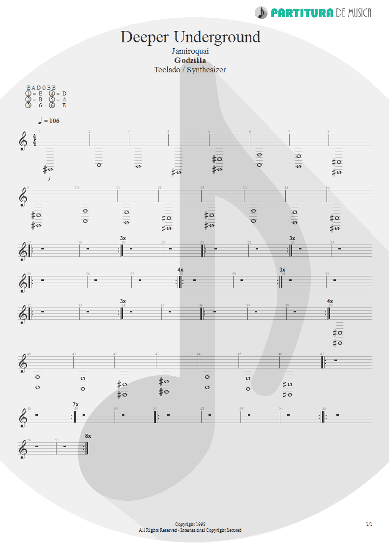 Partitura de musica de Teclado - Deeper Underground | Jamiroquai | Godzilla: The Album 1998 - pag 1