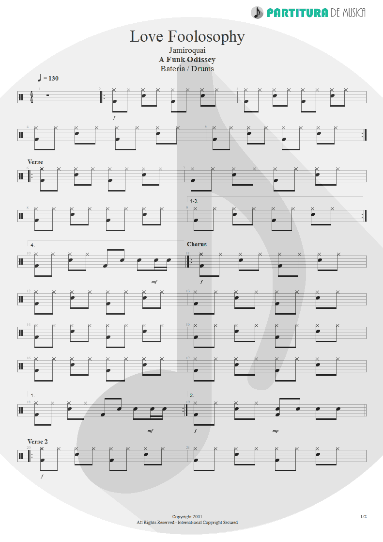 Partitura de musica de Bateria - Love Foolosophy | Jamiroquai | A Funk Odyssey 2001 - pag 1