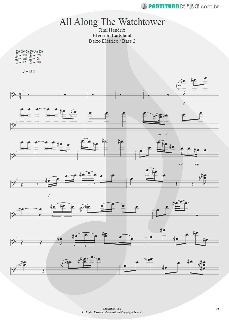 Partitura de musica de Baixo Elétrico - All Along The Watchtower | Jimi Hendrix | Electric Ladyland 1968 - pag 1