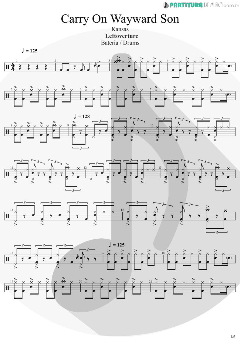 Partitura de musica de Bateria - Carry On Wayward Son | Kansas | Leftoverture 1976 - pag 1