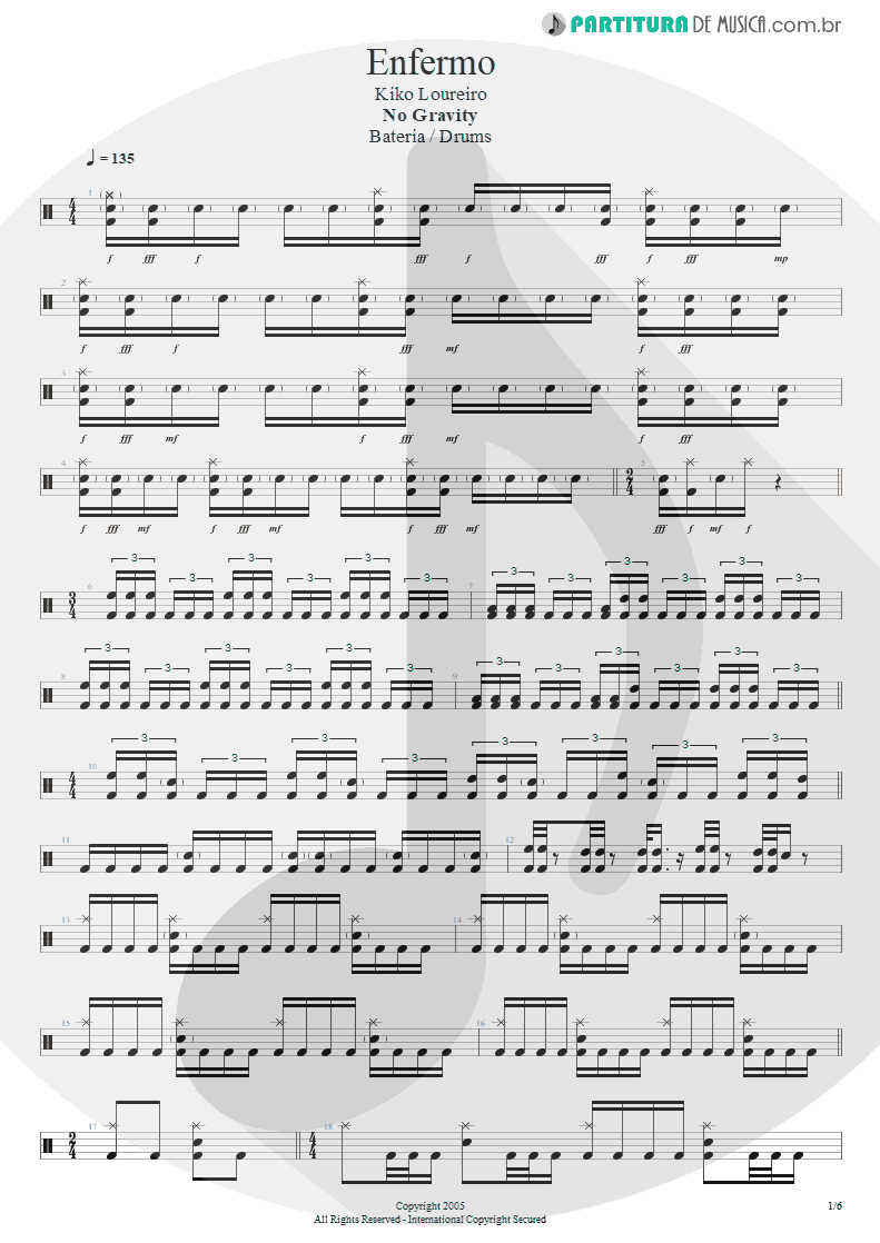 Partitura de musica de Bateria - Enfermo | Kiko Loureiro | No Gravity 2005 - pag 1