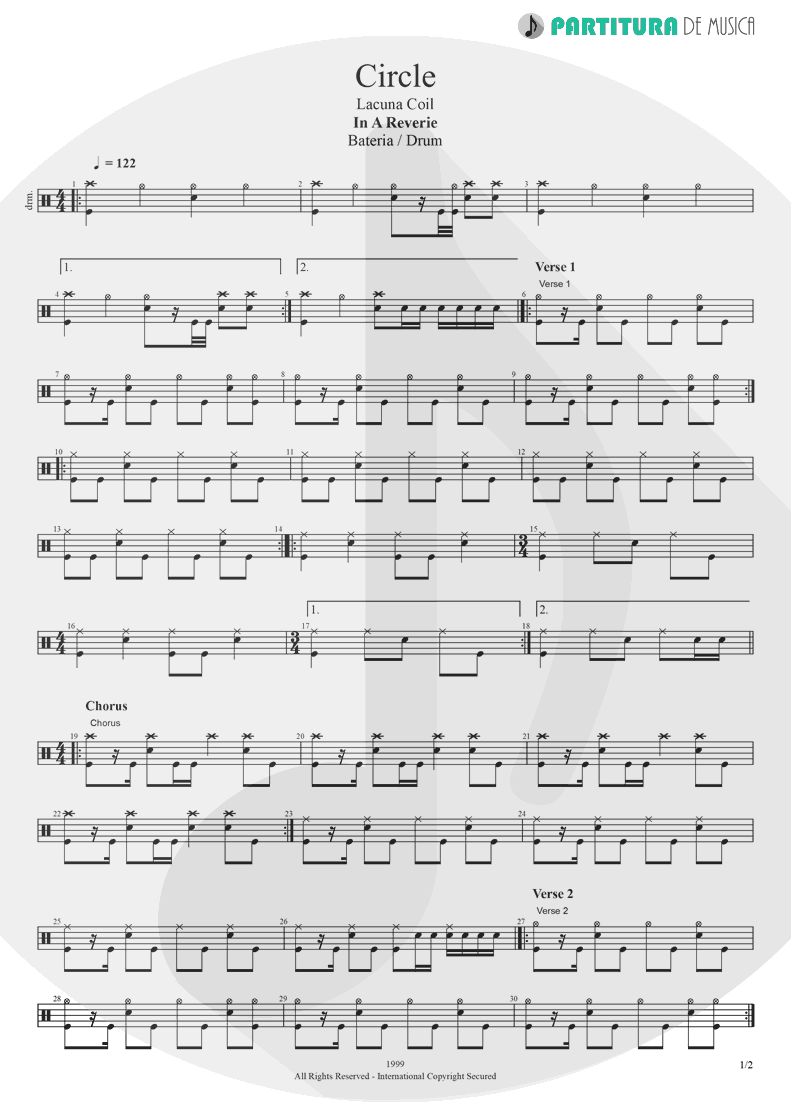 Partitura de musica de Bateria - Circle | Lacuna Coil | In A Reverie 1999 - pag 1