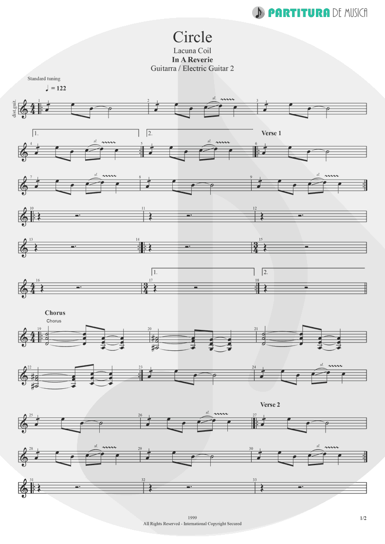 Partitura de musica de Guitarra Elétrica - Circle | Lacuna Coil | In A Reverie 1999 - pag 1