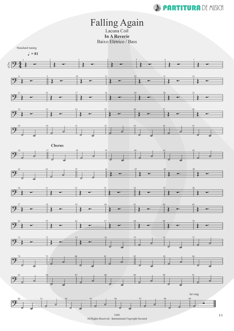 Partitura de musica de Baixo Elétrico - Falling Again | Lacuna Coil | In A Reverie 1999 - pag 1