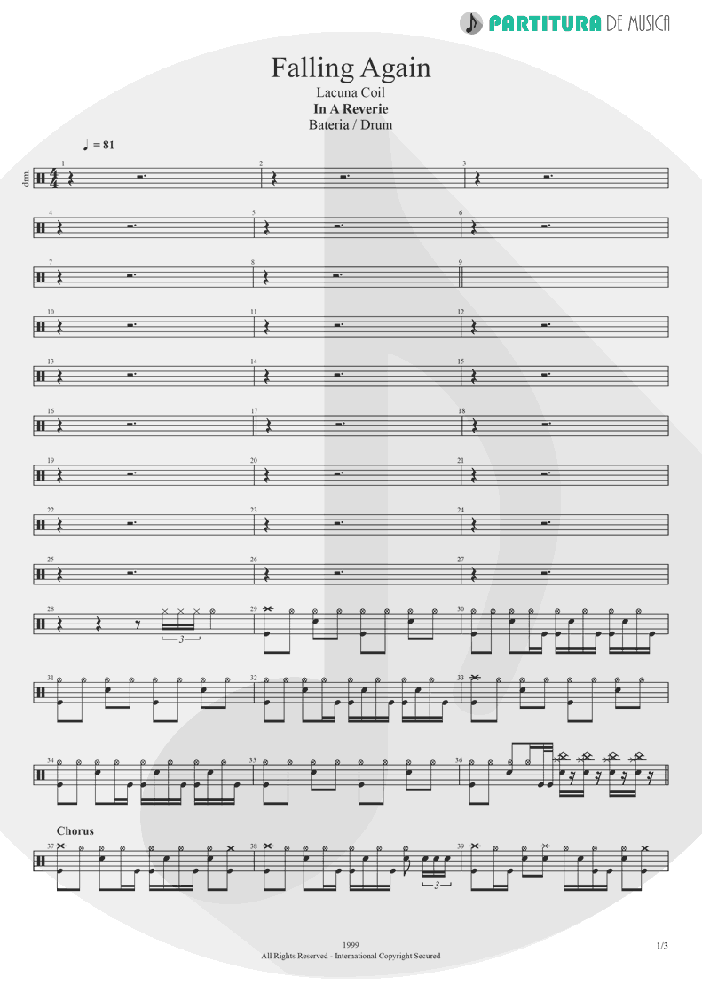 Partitura de musica de Bateria - Falling Again | Lacuna Coil | In A Reverie 1999 - pag 1