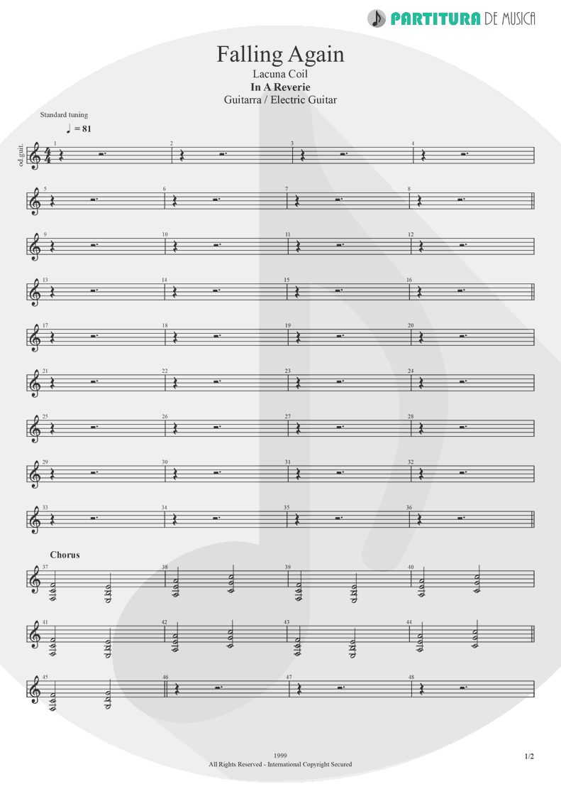 Partitura de musica de Guitarra Elétrica - Falling Again | Lacuna Coil | In A Reverie 1999 - pag 1