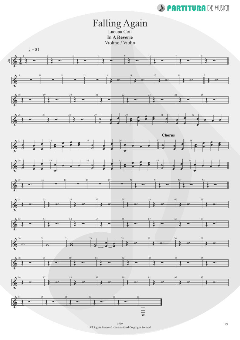 Partitura de musica de Violino - Falling Again | Lacuna Coil | In A Reverie 1999 - pag 1