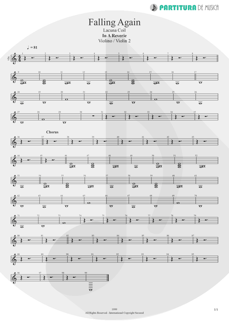 Partitura de musica de Violino - Falling Again | Lacuna Coil | In A Reverie 1999 - pag 1