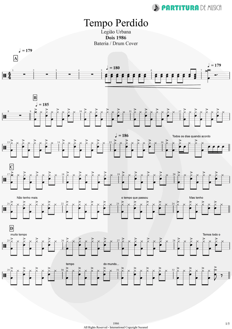 Partitura de musica de Bateria - Tempo Perdido | Legião Urbana | Dois 1986 - pag 1