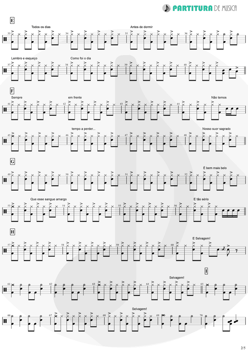 Partitura de musica de Bateria - Tempo Perdido | Legião Urbana | Dois 1986 - pag 2