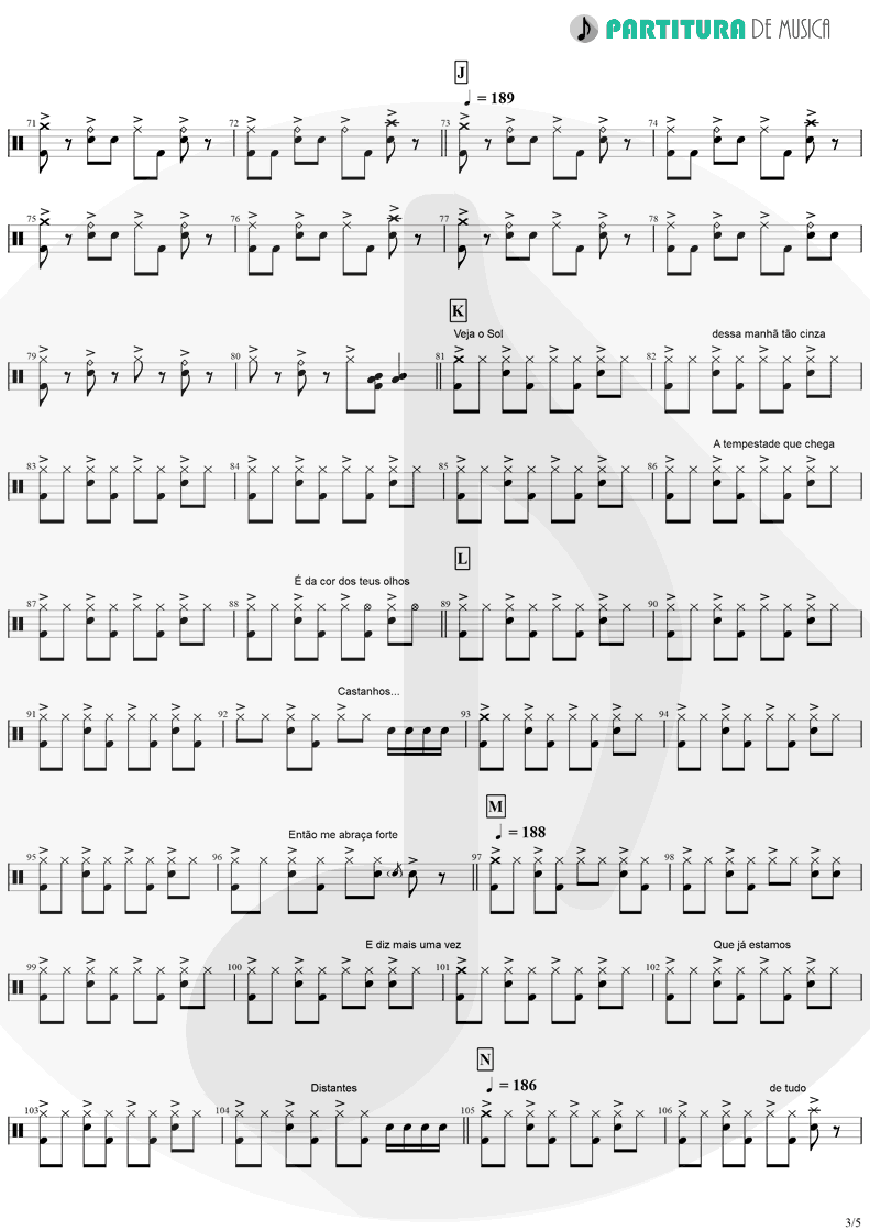 Partitura de musica de Bateria - Tempo Perdido | Legião Urbana | Dois 1986 - pag 3