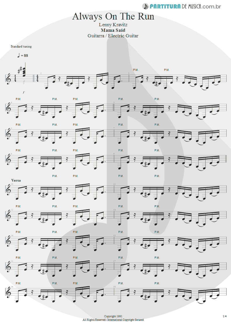 Partitura de musica de Guitarra Elétrica - Always On The Run | Lenny Kravitz | Mama Said 1991 - pag 1