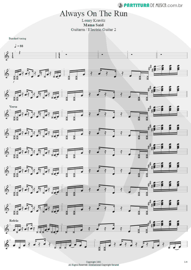 Partitura de musica de Guitarra Elétrica - Always On The Run | Lenny Kravitz | Mama Said 1991 - pag 1