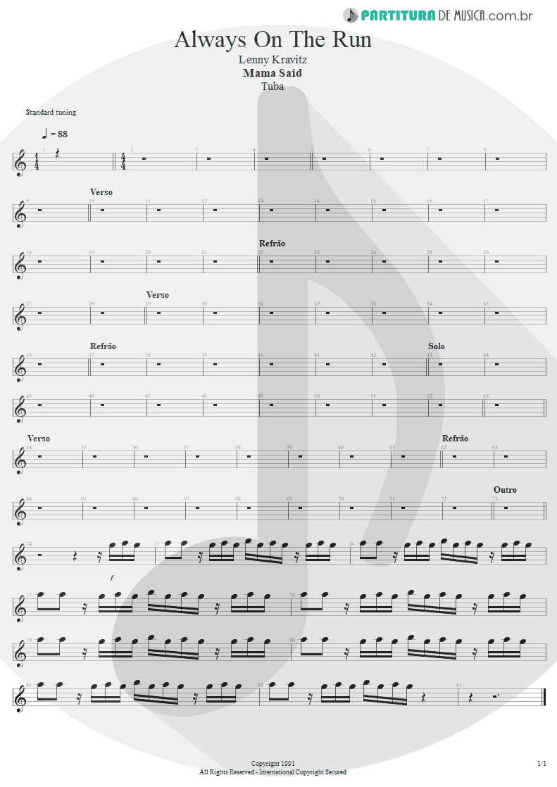 Partitura de musica de Tuba - Always On The Run | Lenny Kravitz | Mama Said 1991 - pag 1