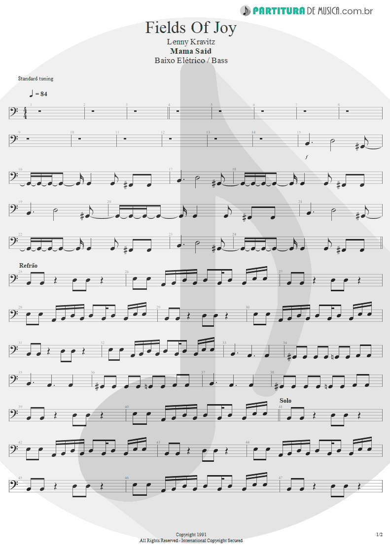 Partitura de musica de Baixo Elétrico - Fields Of Joy | Lenny Kravitz | Mama Said 1991 - pag 1