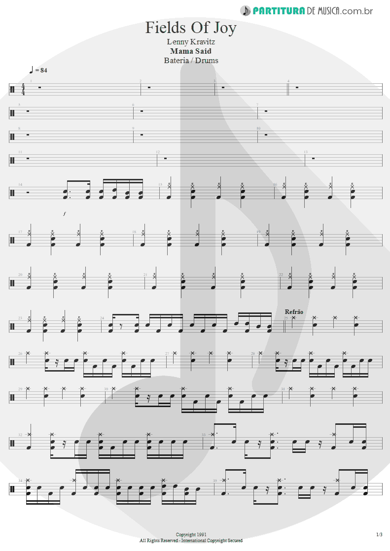 Partitura de musica de Bateria - Fields Of Joy | Lenny Kravitz | Mama Said 1991 - pag 1