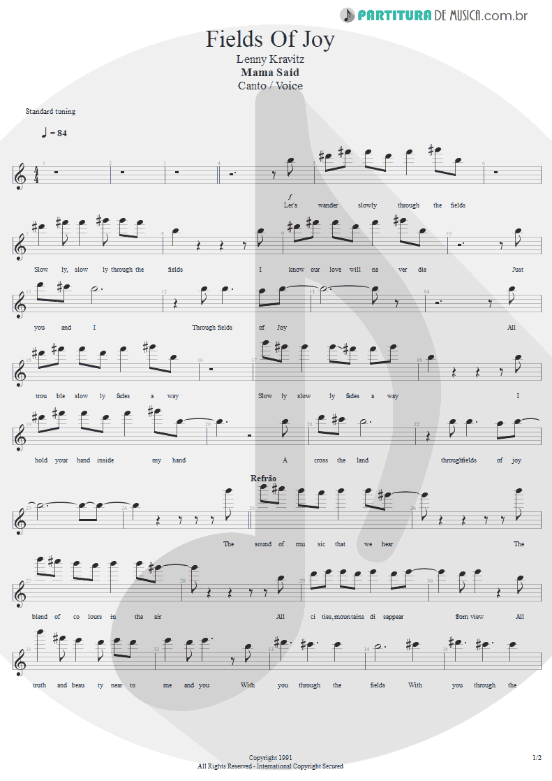 Partitura de musica de Canto - Fields Of Joy | Lenny Kravitz | Mama Said 1991 - pag 1