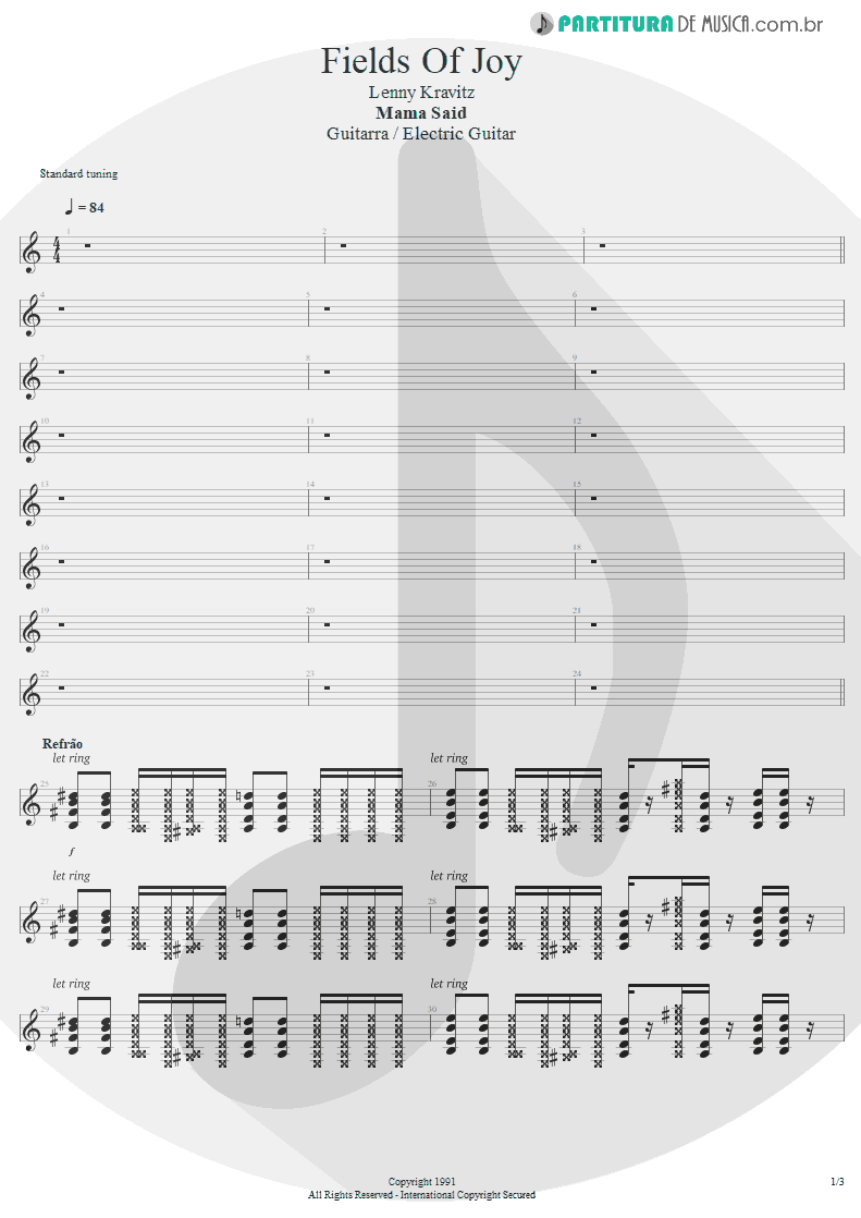 Partitura de musica de Guitarra Elétrica - Fields Of Joy | Lenny Kravitz | Mama Said 1991 - pag 1