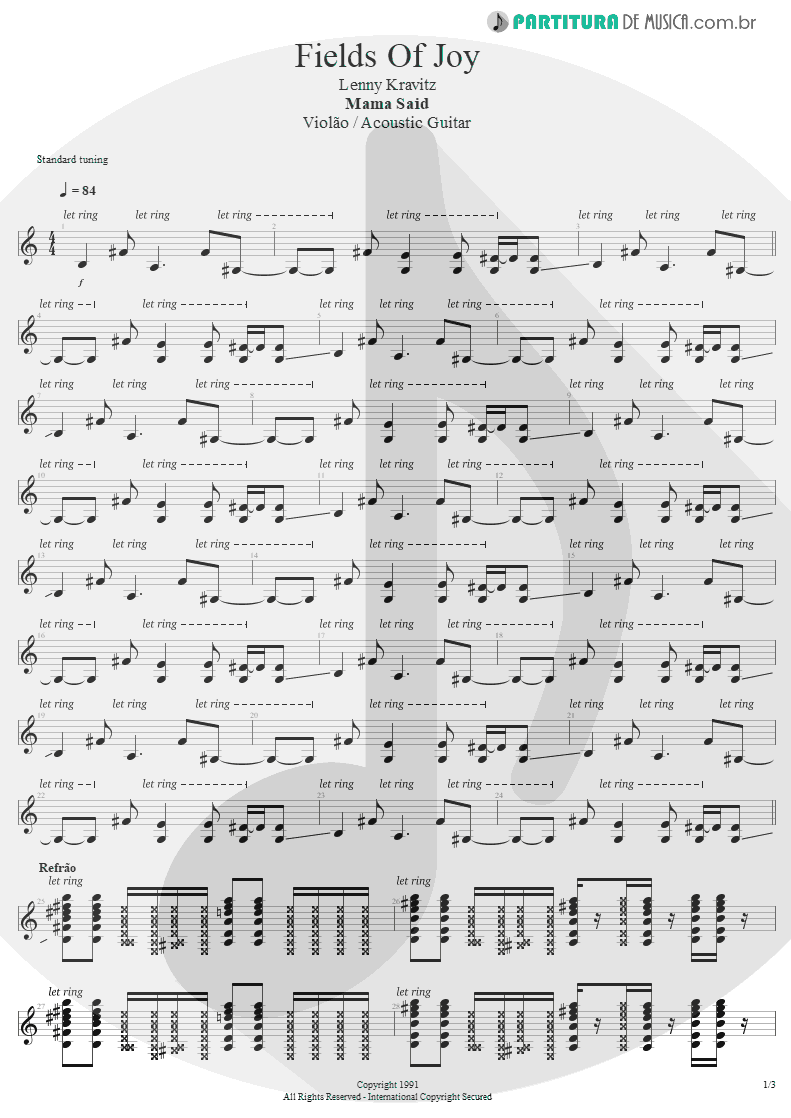 Partitura de musica de Violão - Fields Of Joy | Lenny Kravitz | Mama Said 1991 - pag 1