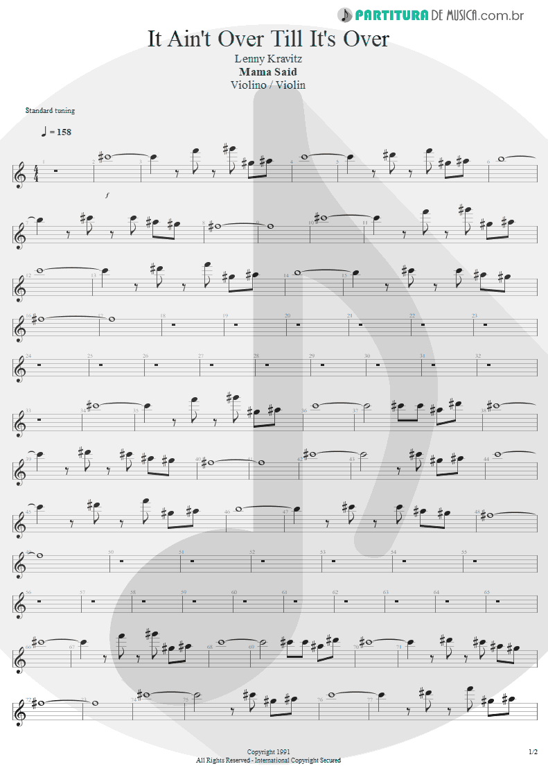 Partitura de musica de Violino - It Ain't Over Till It's Over | Lenny Kravitz | Mama Said 1991 - pag 1
