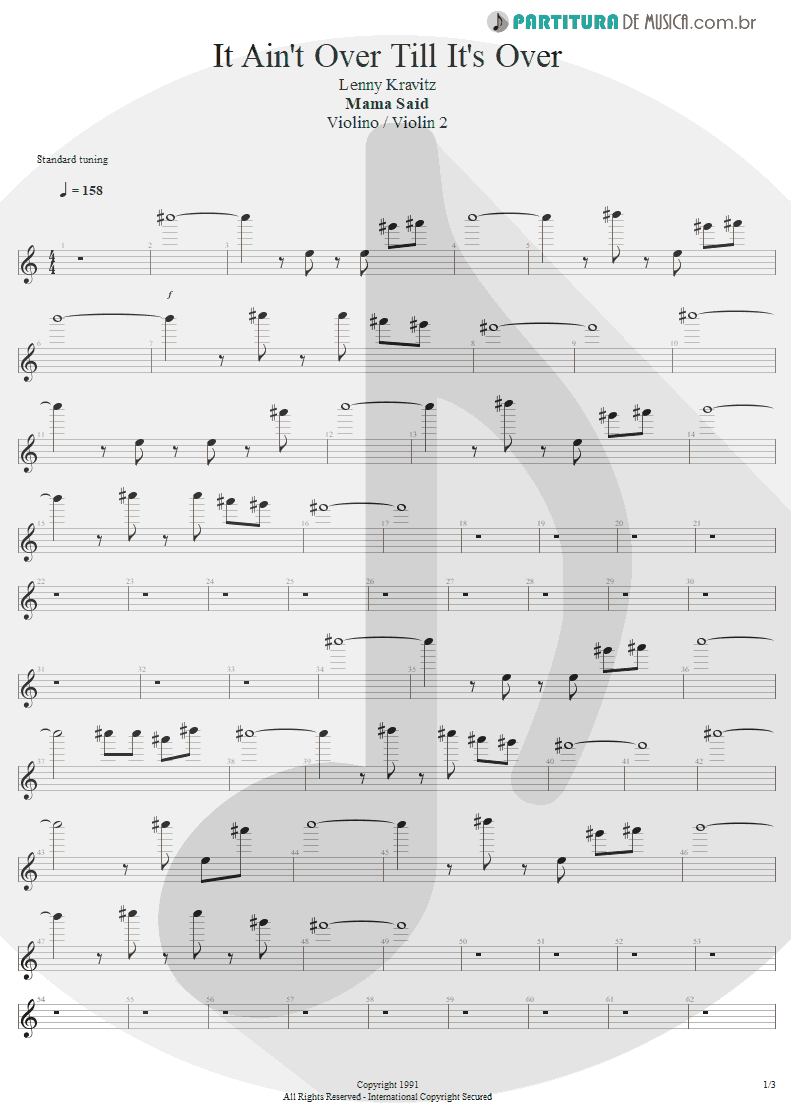 Partitura de musica de Violino - It Ain't Over Till It's Over | Lenny Kravitz | Mama Said 1991 - pag 1