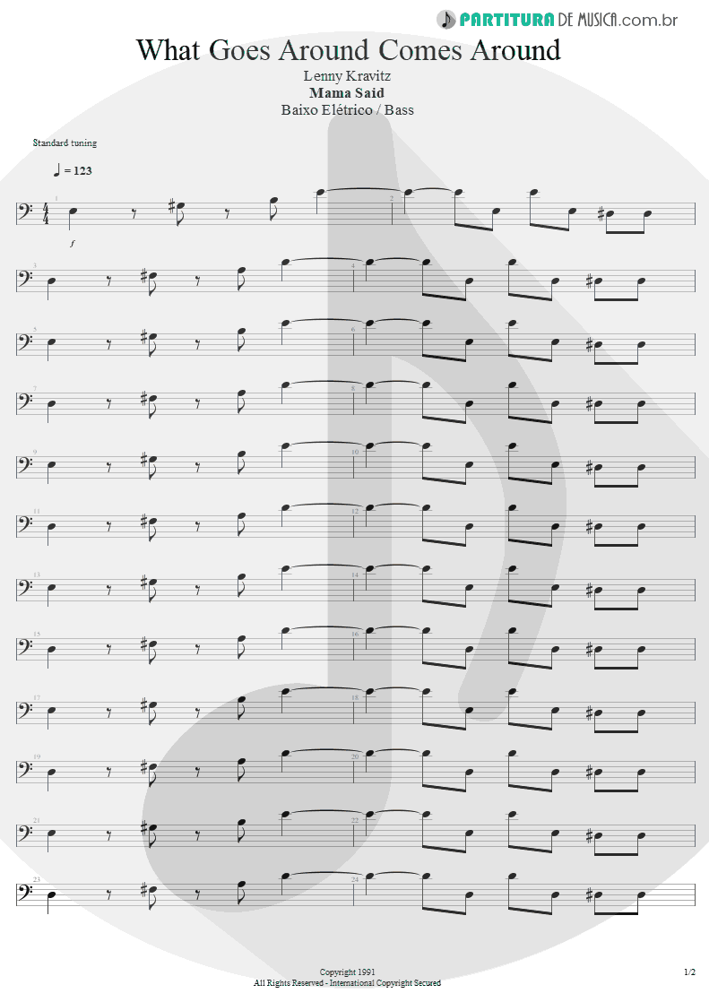 Partitura de musica de Baixo Elétrico - What Goes Around Comes Around | Lenny Kravitz | Mama Said 1991 - pag 1