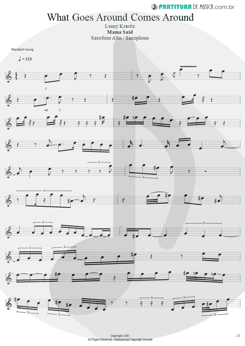 Partitura de musica de Saxofone Alto - What Goes Around Comes Around | Lenny Kravitz | Mama Said 1991 - pag 1