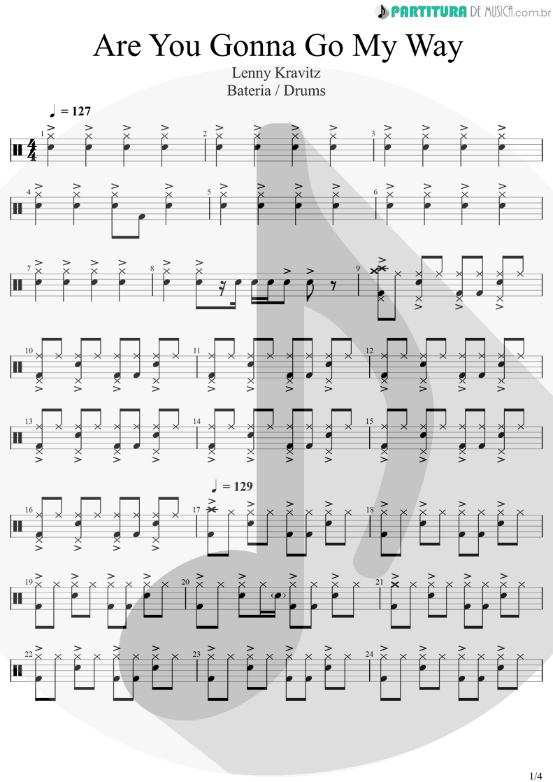 Partitura de musica de Bateria - Are You Gonna Go My Way | Lenny Kravitz | Are You Gonna Go My Way 1993 - pag 1