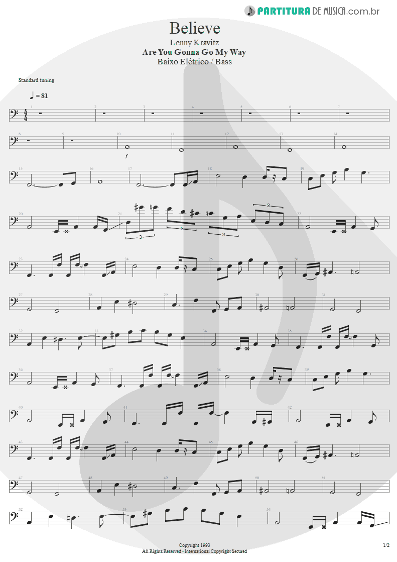 Partitura de musica de Baixo Elétrico - Believe | Lenny Kravitz | Are You Gonna Go My Way 1993 - pag 1