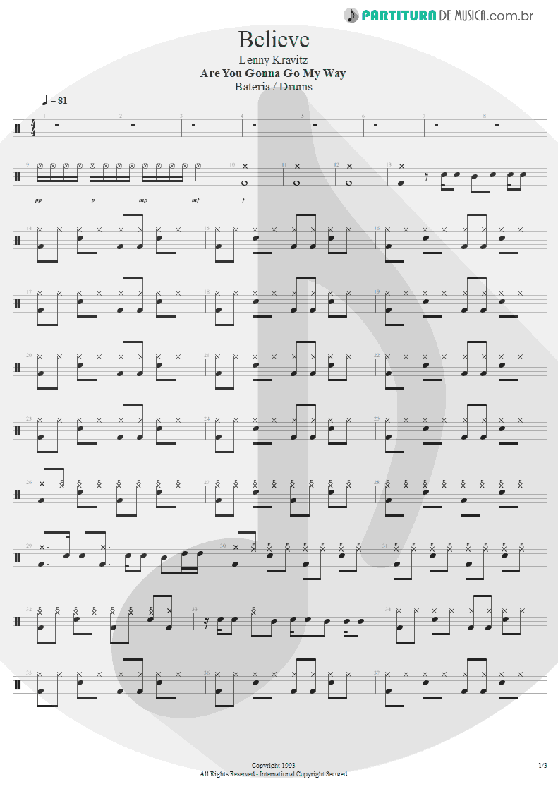 Partitura de musica de Bateria - Believe | Lenny Kravitz | Are You Gonna Go My Way 1993 - pag 1