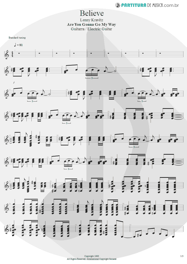 Partitura de musica de Guitarra Elétrica - Believe | Lenny Kravitz | Are You Gonna Go My Way 1993 - pag 1