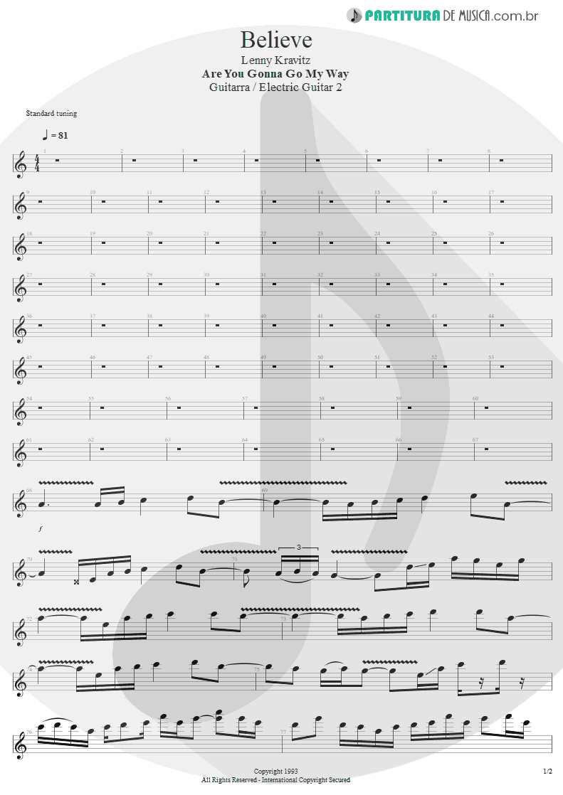 Partitura de musica de Guitarra Elétrica - Believe | Lenny Kravitz | Are You Gonna Go My Way 1993 - pag 1