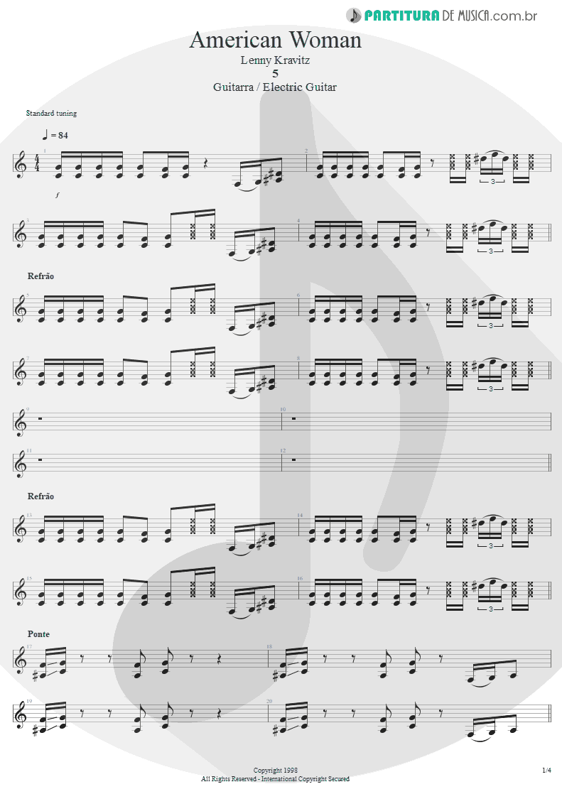 Partitura de musica de Guitarra Elétrica - American Woman | Lenny Kravitz | 5 1998 - pag 1
