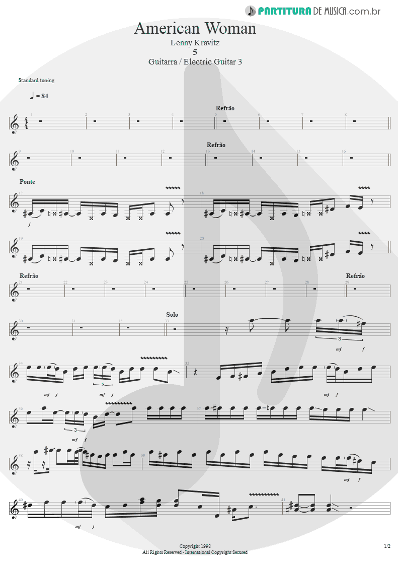 Partitura de musica de Guitarra Elétrica - American Woman | Lenny Kravitz | 5 1998 - pag 1