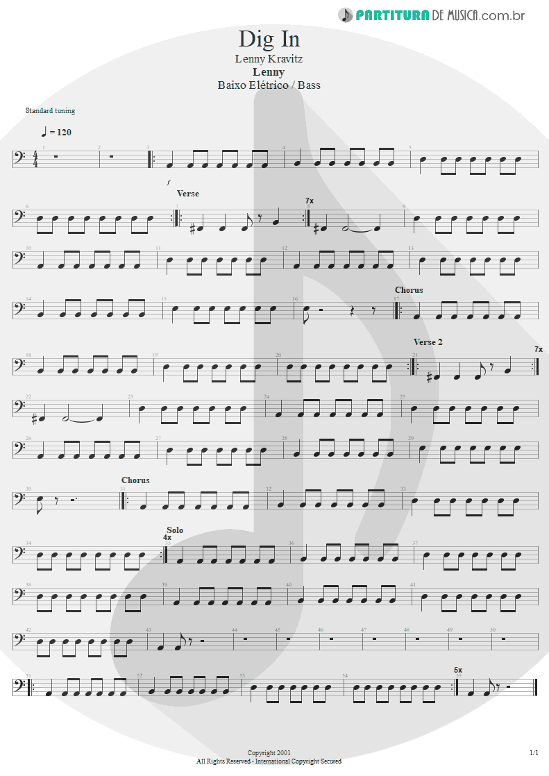 Partitura de musica de Baixo Elétrico - Dig In | Lenny Kravitz | Lenny 2001 - pag 1