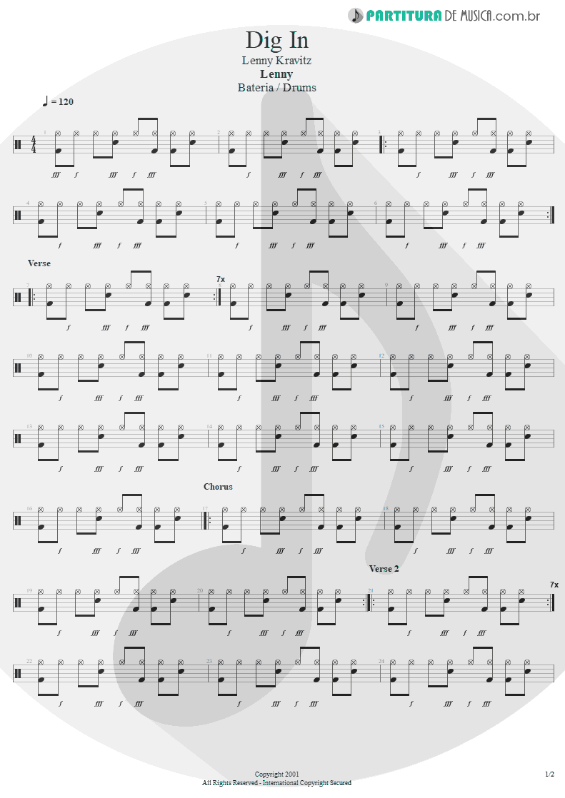 Partitura de musica de Bateria - Dig In | Lenny Kravitz | Lenny 2001 - pag 1