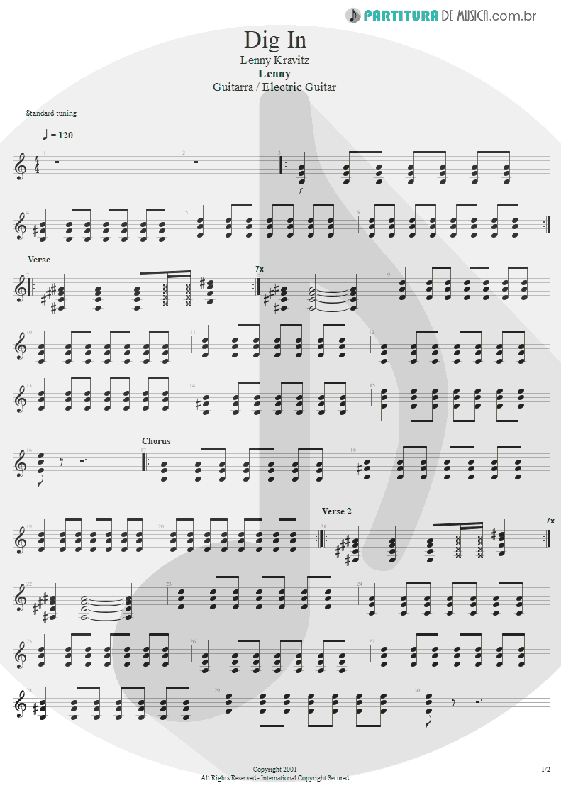 Partitura de musica de Guitarra Elétrica - Dig In | Lenny Kravitz | Lenny 2001 - pag 1