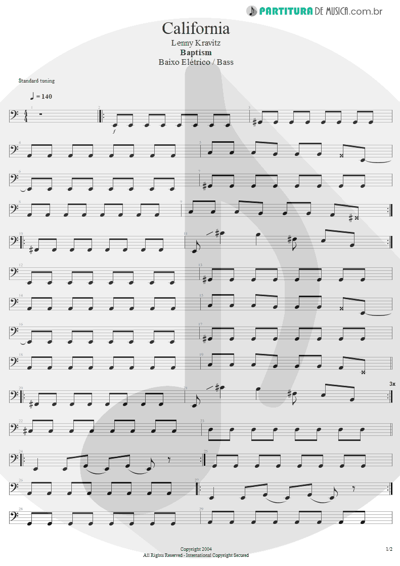 Partitura de musica de Baixo Elétrico - California | Lenny Kravitz | Baptism 2004 - pag 1