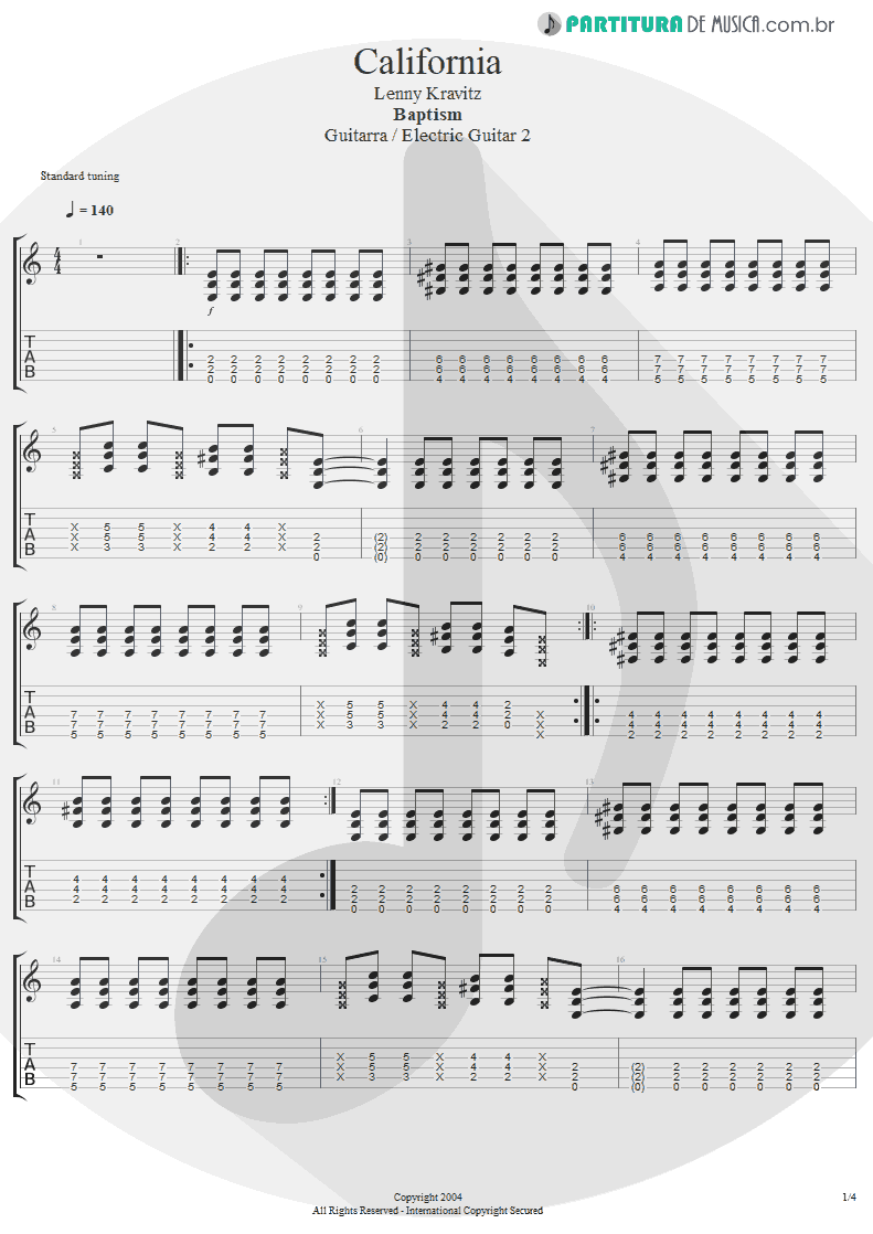 Tablatura + Partitura de musica de Guitarra Elétrica - California | Lenny Kravitz | Baptism 2004 - pag 1