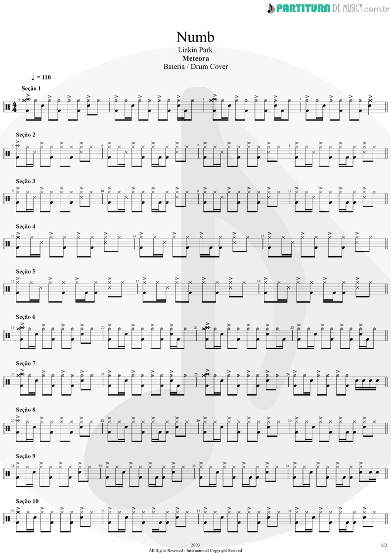 Partitura de musica de Bateria - Numb | Linkin Park | Meteora 2003 - pag 1