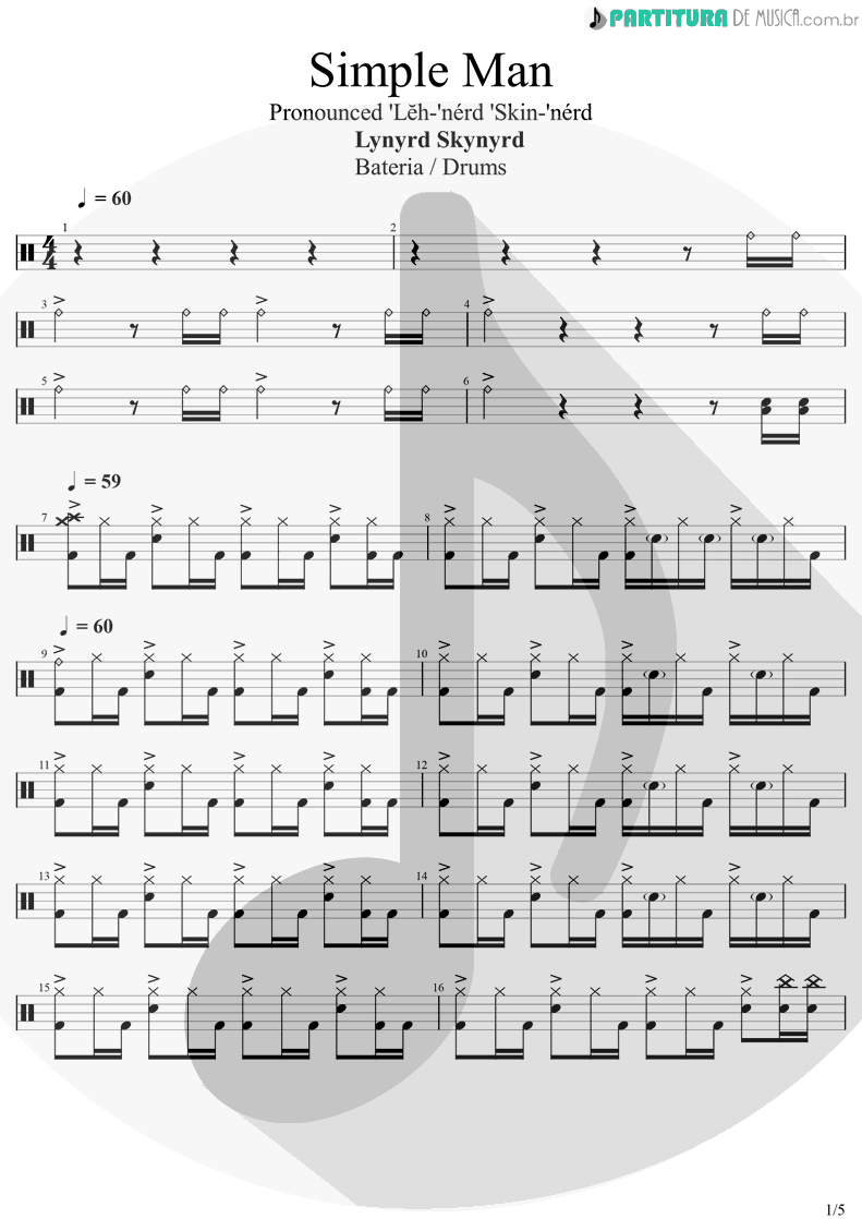 Partitura de musica de Bateria - Simple Man | Lynyrd Skynyrd | (Pronounced 'Leh-'nérd 'Skin-'nérd) 1973 - pag 1